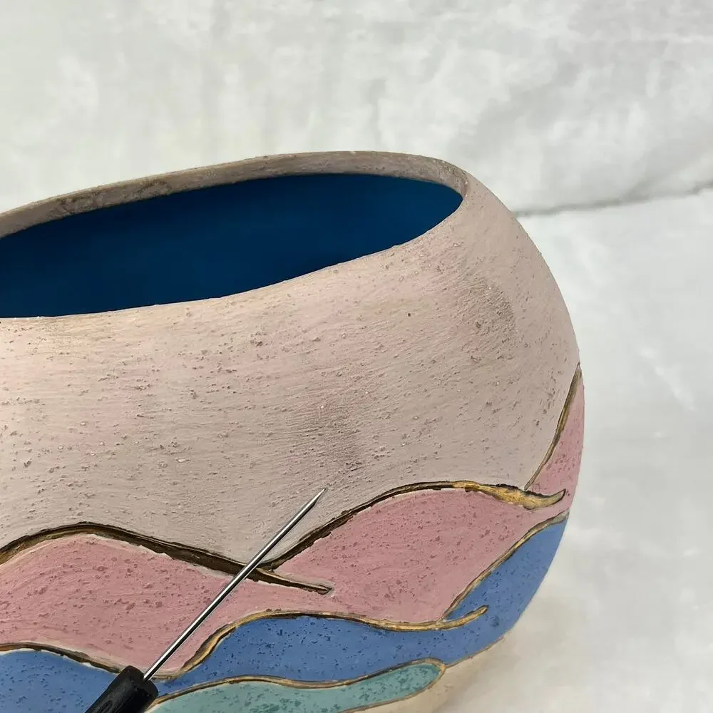Southwestern Desert Scene Pottery Vase Cactus Sunset Relief Painted 5.5 Handmade